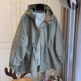 Women Full Sleeve Trench Coats Zipper Hooded Cardigan Solid Drawstring Tight Waist Splice Autumn Winter Casual Loose-Outfit
