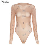 Sexy tight-fitting one-piece Top Women Long-Sleeved Bodysuits O-Neck Basic Party Wear Print Summer Wild Slim
