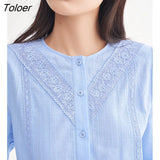 Women Shirts 2023 Spring Bishop Sleeve O Neck Loose Blouse Lace Embroidery White Blue Elegant Chic
