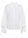 Ladies Office White Blouse Elegant Long Sleeve Lace Up Flare Sleeve Shirts Women Lapel Work Tops 2022 Fashion