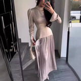 Autumn New Solid Fashion Splicing Design Round Collared 100-Folded Dress