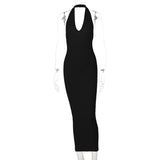 Summer Ribbed Knitted V Neck Black Long Dress Women Sleeveless Slim Party Club Elegant Female Bodycon Midi Dress Streetwear