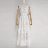 Sexy Cut Out Sling Dress For Women V Neck Sleeveless High Waist Lace Panel Solid Midi Dresses Female Summer