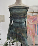 And Spicy Shoulder Dyed Printing Mesh Long-Sleeved Coat Folds Irregular Ribbon T-Shirt