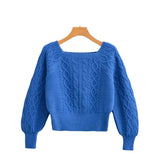 New Square Collar Long-Sleeved Twist Textured Short Sweater In Autumn-Outfit