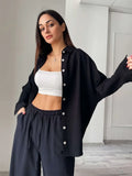 Solid Womens Tracksuit Long Sleeve Shirts And Elastic Waist Pants Lae-Up Casual 2 Piece Ladies Pants Set Button