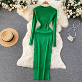 Autumn Senior Knitted Dress Women Long Sleeve Elastic Waist Split Sweater Dress Ladies Party Sexy Warm Long