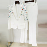 Fashion New Heavy Industry Nails Color Diamond Repair Suit Jacket Micro-Thorn Trousers Set