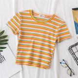 T Shirt Women Rainbow Striped Tops Slim Fit t shirt Harajuku Tshirt Summer Short Sleeve Korean T-shirt feminina Clothes