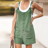 Jumpsuit Summer Sleeveless Solid Short Rompers Overalls Casual Button Pocket Strapless Woman Suspenders Bib Short