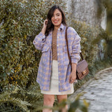 Lamb Plaid Lapel jacket Women Elegant ladies Full Sleeve Long Coat 2022 Fall Winter Button Pocket Casual
