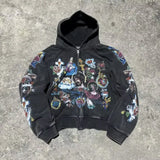 2025 Men's And Women's Hooded Sweatshirt Zipper Graffiti ID Card Print Long-Sleeved Hoodie
