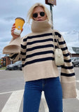 Fashion Beige Stripe High Collar Slit Long Sleeve Knit