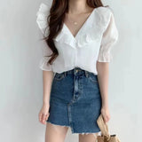 Chic Summer New Lotus Leaf Collar Age Sweet Elegant Temperament Bubble Sleeve Top Chiffon