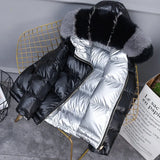 Winter Down Jacket Women Double-sided wear Glossy Short Outerwear Fox fur collar White duck down Coats Students Tops
