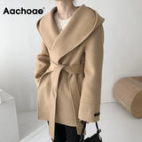 Aachoae Women Solid Color Wool Coats With Belt Long Sleeve Hoodie Pockets Coats Female Chic Elegant