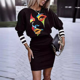 Independent Station Autumn New Fashion Printed Waist Round Collar Long-Sleeved Dress-Outfit