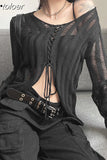 Y2k Grunge Black Sweater for Women Sexy Hollow Out See Through Drawstring V Neck Long Sleeve Top Fall 2023