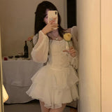 TWOTWINSTYLE Patchwork Mesh Dress For Womens Square Collar Long Sleeve High Waist Solid Mini Dresses Female Summer Clothing