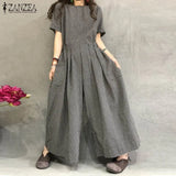 Women Rompers Summer Wide Leg Overalls Vintage Plaid Short Sleeve Jumpsuits Casual Back Zip Playsuits