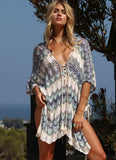 Vacation Blue Stripes V Neck Loose Crochet Knitted Beach