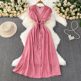 Red Dot V-Neck Women's Short-Sleeved Dress Summer Single Buckle Tie With Thin A-Word Mid-Long