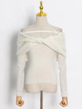 High Street Slim White Sweater For Women Slash Neck Long Sleeve Solid Knitting Pullover Female Clothing Fashion