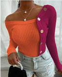 Stripe Women Sweater Sexy Slim Fit Stitching Button Long Sleeve Pullover Multicolor Crew Neck Knitwear Plus Size