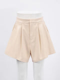 Elegant Beige Faux Leather Shorts Women Wide Leg Short Pants Elegant Flared Shorts High Waist Female PU Shorts