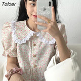 Women Preppy Style Lace Patchwork Casual All-match Popular Summer Peter Pan Collar Chic Crops Students Korean Retro