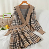 Style Vintage V-Neck Plaid Short Knitted Cardigan + High Waist Pleated Mini Skirts Two-Piece Female Fashion Sweet