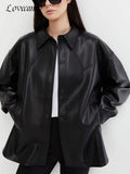 Winter Black Leather Jacket Women Loose Thin Moto Turndown Collar Jacket Fashion Button Streetwear Lady Outerwear
