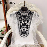 Korean Summer New Ruffles Lace 2 Piece Sets Blouse Sleeveless Perspective Shirt Polka Dot Mesh Mujer Blusas
