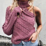 Shoulder Turtleneck Sweater Women Long Sleeve Twist Knitted Sexy Female Sweaters 2021 Spring White Vintage Pullover Top