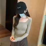 Sense Minority Hot Girls Hang Neck Pleated Long-Sleeved T-Shirt Women's Autumn New Solid Color Slim Bottom Underwear-Outfit