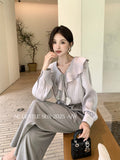 Xixi 2025 Autumn White Label Thin Temperament Hundred Lotus Leaf V Collar Chiffon Shirt Long-Sleeved Shirt Lady