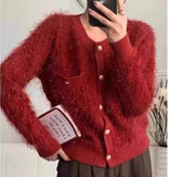 Autumn Knitted Cardigan Women's Coat Furry Sweater Red Advanced Sense Temperament Retro French Dress Tide-Outfit