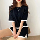 Style Women Tracksuit Knitted Suit 2022Summer Casual Loose Short Sleeve O-neck Pullover Tops+Fashion Shorts Two Piece