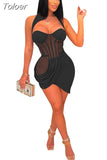 Nude Mesh Insert Caged Mini Dress Sexy Party Night Club Outfits Irregular Hem Corset Halter Bodycon Dresses