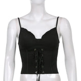 Black Goth Aesthetic Cami Crop Top Patchwork Lace Trim Vintage Girl Clothes Contrast Stitched Lace Up Summer