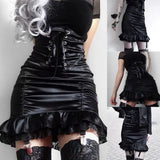 Women's Bodycon Mini Skirt, Gothic High Waist Criss Cross Lace Up Ruffle Trim Short Pencil Skirt-Outfit