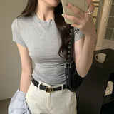 Pink Round-Neck Short-Sleeved T-Shirt A New Slim, Slim, Casual And Beautiful Blouse For Women In Spring And Summer-Outfit