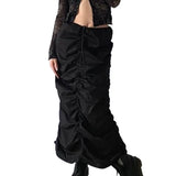 Women Solid Color Skirt, Drawstring Pleated Adjustable Elastic High Waist Half Dress Casual Daily Clothes-Outfit