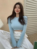 Graduation party Women Short Pullovers Mink Cashmere Crewneck Solid Knitted Sweater Sweet Girls Slim Fit Long Sleeve Striped Top Spring