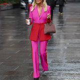 Women Suit Blazers VONDA Ladies Casual Lapel Coats Color Patchwork Autumn Office Formal Long Sleeve Thin Pant Sets no