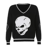 Autumn Winter Print V Neck Knitted Jumpers Casual Long Sleeve Harajuku Sweater Women Streetwear Pullover Female