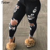 Vintage High Waist Ripped Jeans Pant for Women Tassel Hole Pencil Pants Blue Streetwear Ladies