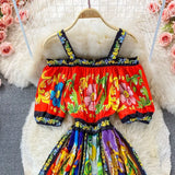 Boho Summer Dress Woman Off Shoulder Spaghetti Strap Puff Sleeve Elastic High Waist Flower Print Party Dress
