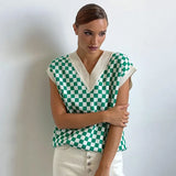 V Neck Plaid Sleeveless Oversized Knit Sweater Vest Top Elegant Vintage Y2K Jumpers Casual Loose Green Long