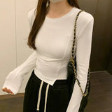 Feeling Round Collar Solid Color Fishbone Blouse Women's Autumn New Style Long Sleeves Waist Short Style Bottom Shirt Trend-Outfit
